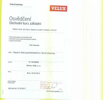 Certifikát Velux